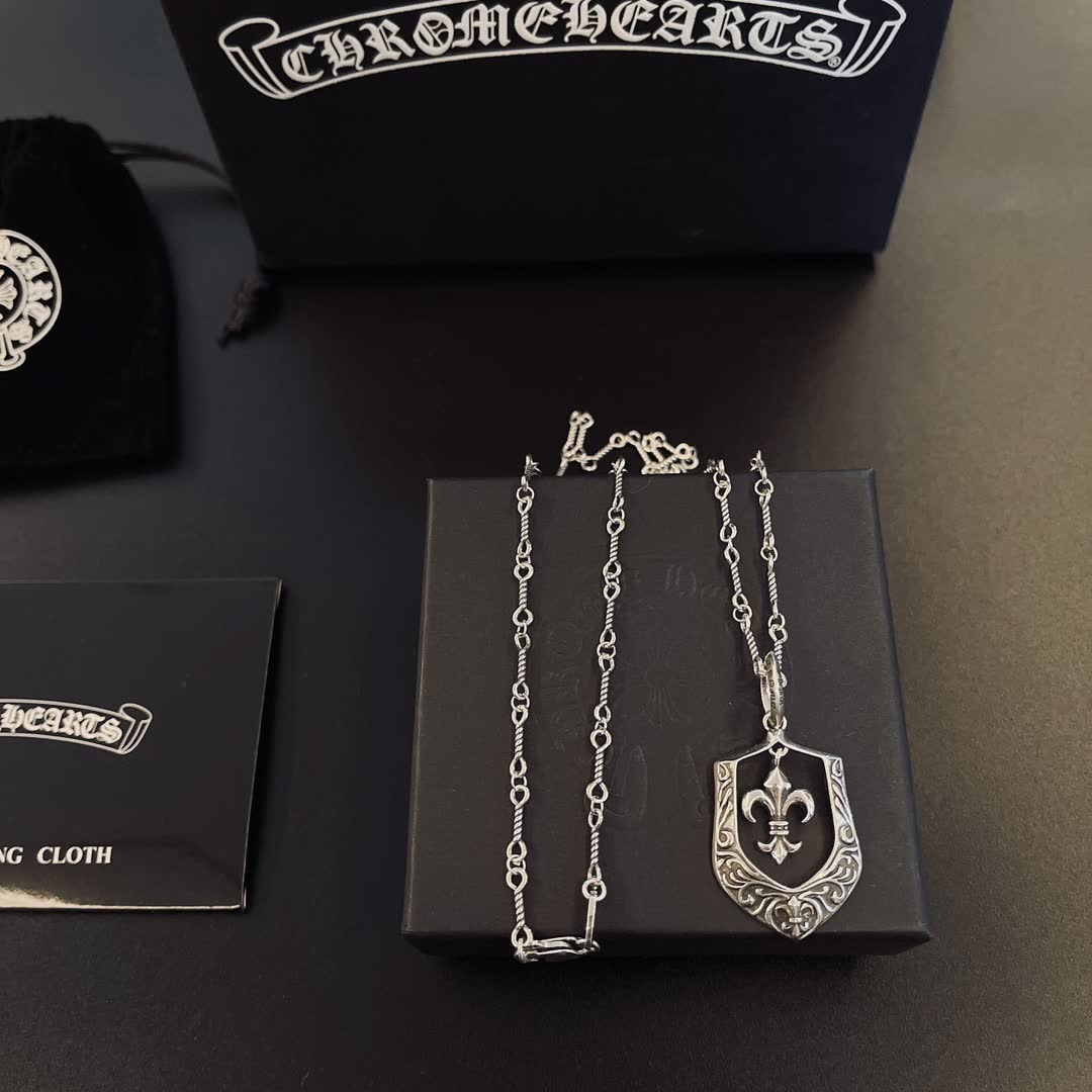 Chrome Hearts Silver Fleur-de-lis Shield Necklace